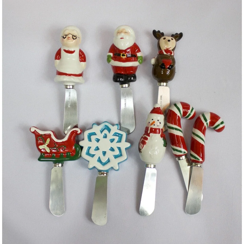 Christmas Holiday Cheese Spreaders Set of 8 Stainless Steel Appetizer Knives